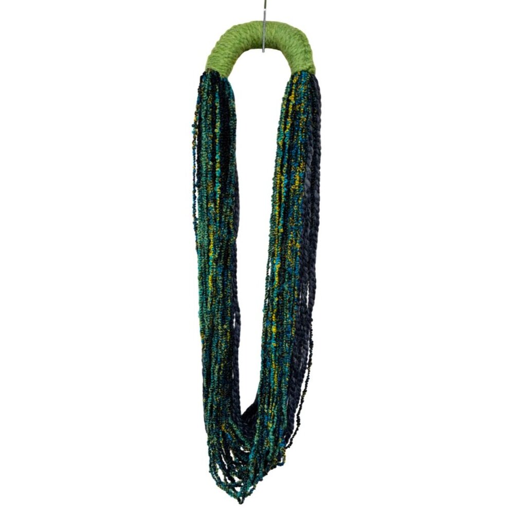 Vintage Handmade Yarn Strand Necklace Scarf Green/Teal/Gold/Black Boho 21" #a